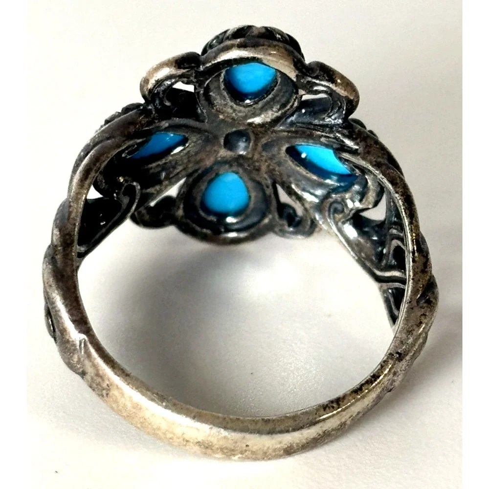 CAROLYN POLLACK Relios 925 Silver Blue Turquoise Floral Cluster Ring Size 10 7g
